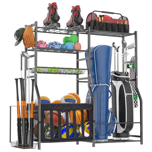 organizelink Garage Sports Equipment Organizer, Strong Load Bearing Golf Bag Organizer, Multi Use Golf Ball Rack Basketball Rack For Sports Gear and Outdoor Toy Ball Storage