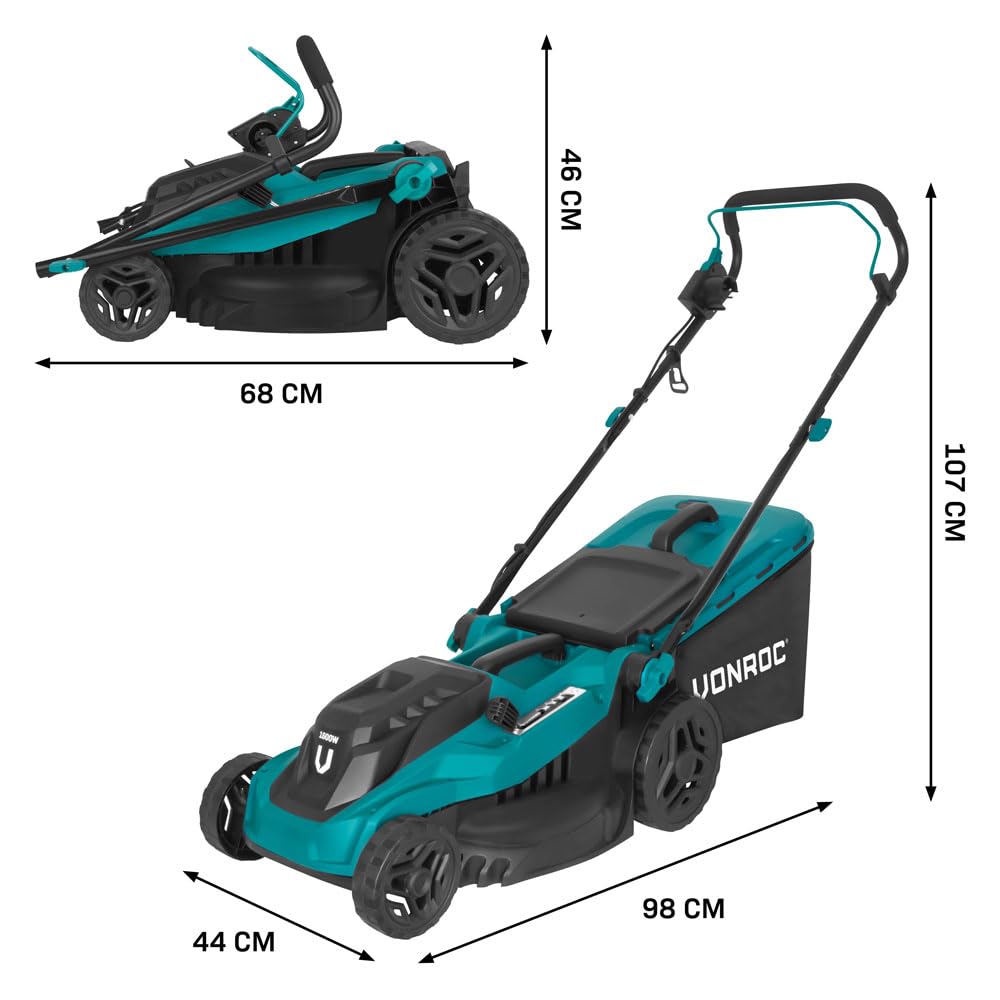 VONROC Kosiarka elektryczna1600 W – 38 cm, 5 regulowanych wysokości, kosz 42 l, mocny i cichy silnik, idealny do gęstej i ciężkiej trawy, ergonomiczny kształt i łatwe przechowywanie