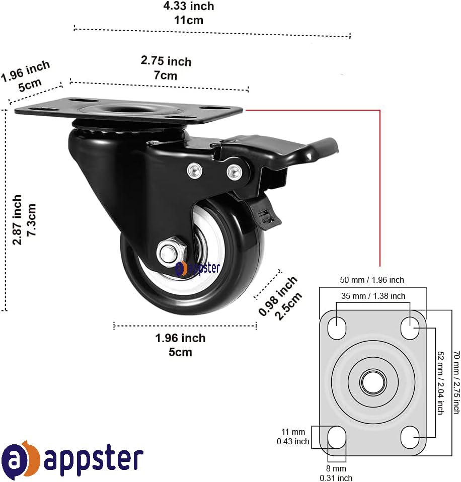 Image of 4pcs Caster Wheel Heavy Duty 280KG Load Capacity | Soft PU Swivel Castor Wheels with 360 Degree Rotating, No Noise - for Furniture, Trolley Cart, Sofa, Table - 2 with Brakes & 2 Without