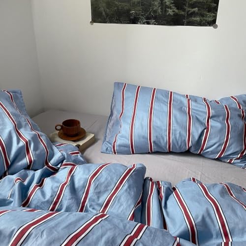 Image of Nayoroom Striped Duvet Cover Queen Coastal Blue Red Stripe Bedding Set