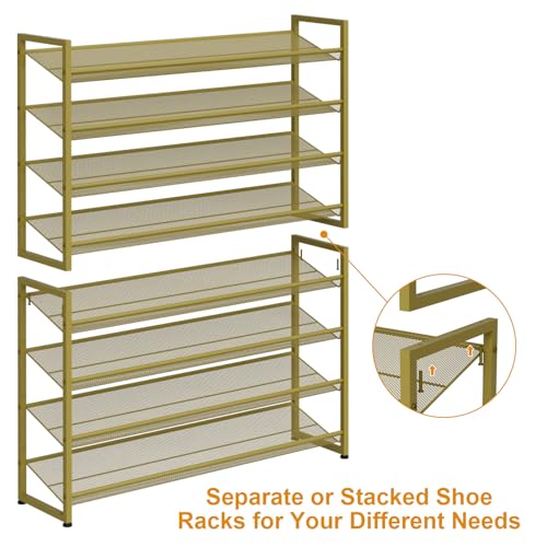 Image of Large Shoe Rack 8 Tier Shoe Organizer, Heavy Duty Metal 4-Tier Stackable Shoe Storage Vertical Shoe Rack for Closet Front Door Entrance, Up to 50 Pairs, 44.8 inch W x 11.4 inch D x 56.7 inch H, Gold