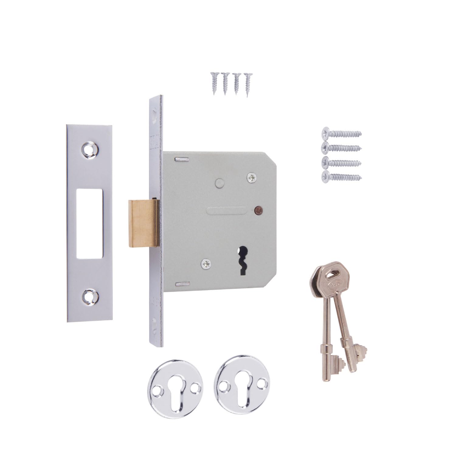 3 Lever Deadbolt Mortice Door Lock – High Security Lock with Keys – Suitable for Wooden Internal & External Doors – Easy to Install (Chrome Effect - Boxed, 2½" (64mm))