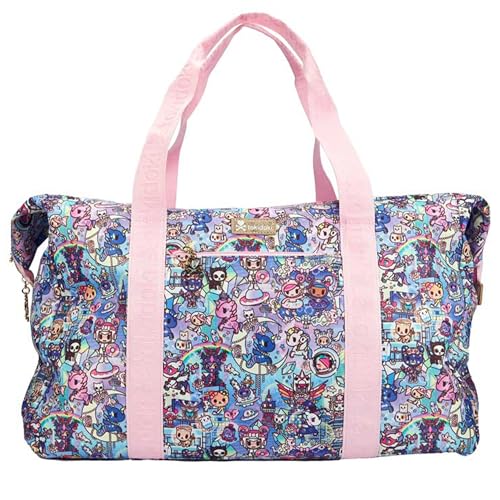 tokidoki - Travel Duffel Bag Carry-On Weekender - Double Zip Compartments, Padded Device Pocket, Adjustable Strap, Exterior & Interior Pockets - Gold Hardware, Periwinkle Lining
