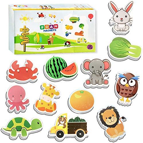 HLXY Fridge Magnets for Toddlers Kids Gift Set 100 pcs Animals Magnets -Fruit Vegetables Vehicle Magnets - Foam Magnets Educational Toy for Preschool Learning