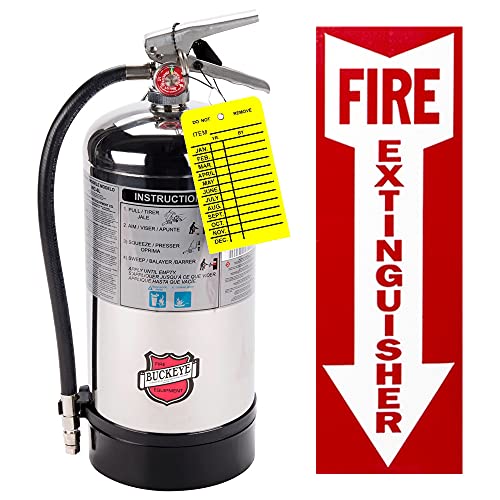 Type K Fire Extinguisher, UL/ULC Rated, Wet Chemical Class K Grease Restaurant Kitchen Stainless Steel 6 Liter Buckeye with Wall Mount, Sign and Inspection Tag