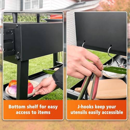 Image of Foldable Grill Cart for Blackstone 17 /22, Ninja Woodfire OG700, Ooni Pizza Oven - Portable Grill Table with Wheels, Dual-Shelf BBQ Prep Station with Caddy & Hooks, Compact Camping Griddle Stand