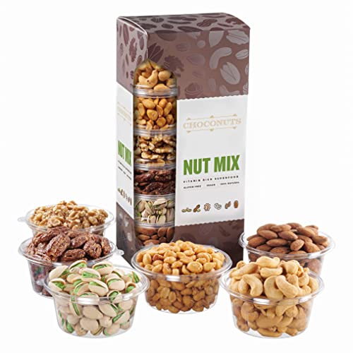 Valentine's Day 2022, Assorted Fresh Roasted Salted Nut Gift Basket Tower, Variety of Six Gourmet Nuts, Great Gift Box for, Birthday -Get Well Gift, Sympathy Basket, Hostess Gift, Just Because Gift - By Choconuts