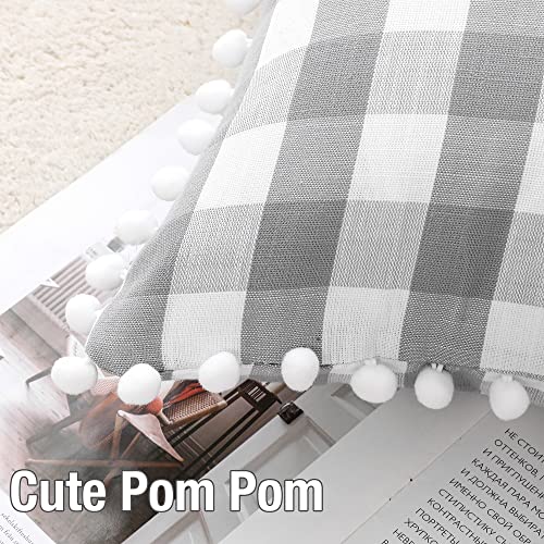 Grey Buffalo Plaid Check Throw Pillow Covers Set Of 2, Square Gingham Retro Farmhouse With Pom-Poms Decorative Throw Pillow Cases Cushion Case For Sofa Couch Bedroom, 18X18 Inch, Gray And White #TOP1