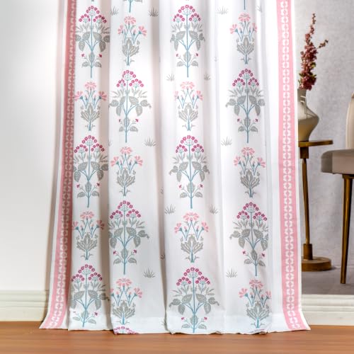 Image of Tranquebar Curtain Co. Window Curtains 5 Feet, 60-65% Room Darkening, Pink Floral Print, Cotton Curtains for Window, Cotton Curtains 5 Feet Long Set of 2, BackTabs, Latha (152 cm) - Set of 2