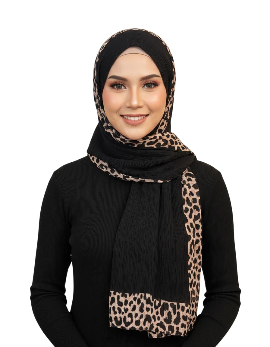 Stole for Women's Hijab, Black with Leopard Print Border Scarf for Women and Girls-picture-47