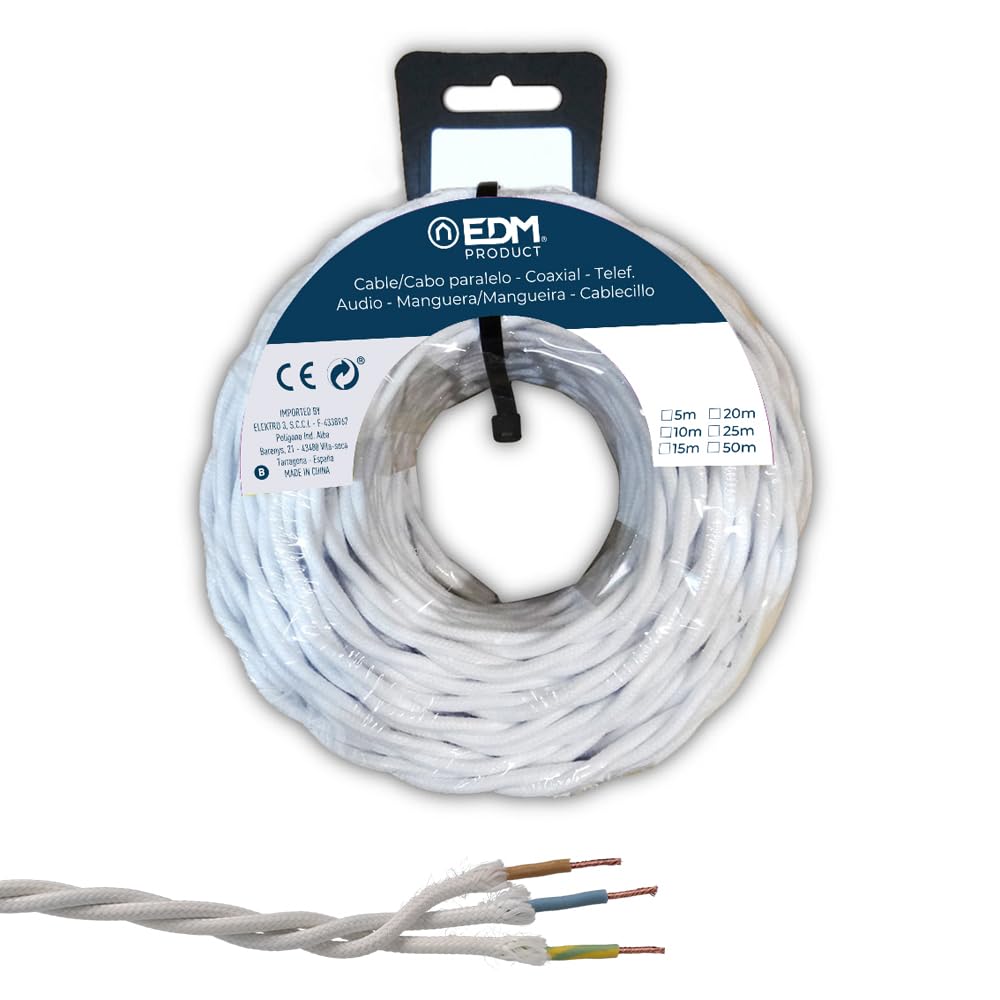 Carrete de cable textil trenzado H07V-K 3G 2.50 mm², 5 m, ideal para conexiones eléctricas en interiores y exteriores.