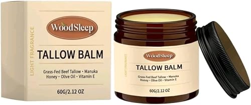 WoodSleep Tallow Balm with Manuka Honey & Olive Oil, 60g | Grass-Fed Beef Tallow, Vitamin E Enriched, Light Fragrance, Glycerin & Arginine, Whole Body Moisturiser