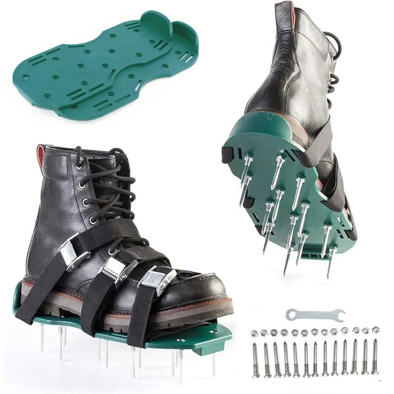 Seven-Flower Lawn Aerator Shoes with Dual Straps On Instep, Pre-Assembled Spike Sandals for Lawn Aeration Tool, Heavy Duty Grass & Garden Soil Aerator for Yard Maintenance (Green)