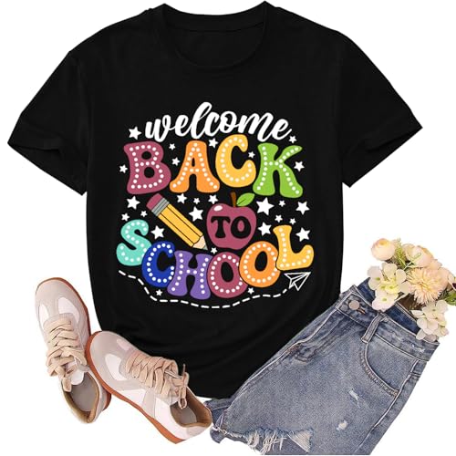 sallrue Back to School Shirt for Women Teacher First Day of School Tshirt Teaching Life Tee Tops Black