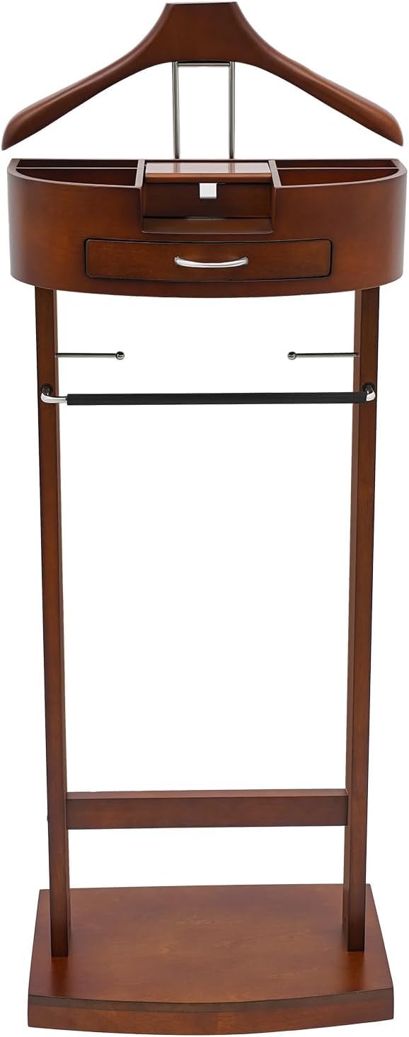 Perchero Ejecutivo de Madera con cajón y Bandeja de Carga, Organizador de Trajes de Abedul para Chaquetas, Pantalones y Zapatos, Color marrón Vintage.