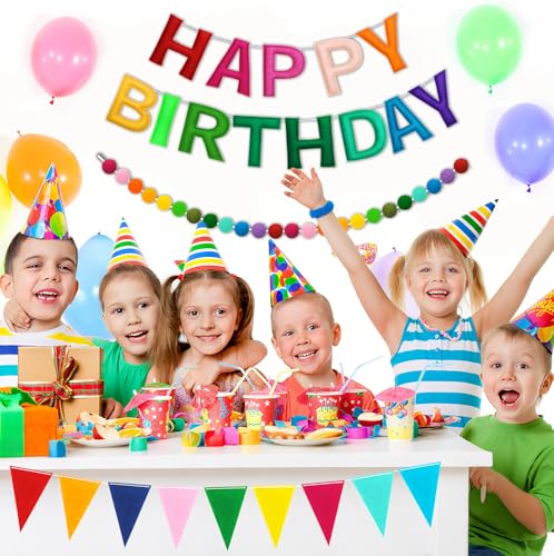 Image of Happy Birthday Banner Decorations - Pre-Strung 3D Felt HAPPY BIRTHDAY Sign for Party Decor | Rainbow Reusable Happy Birthday Garland, Ball, Pennant Flag (1-Rainbow)