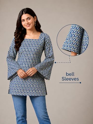 Image of SONISHA Women's Rayon Floral Print Short Kurti for Women Elegance Square Neck, Long Sleeves with Style Criss Cross Back Kurti, Top for Office Wear, Casual, Outdoor