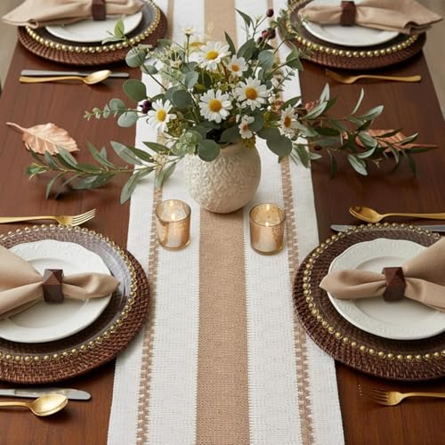 Image of FEXIA Boho Table Runner for Hoilday Spring Home Decor with Tassels 60 Inches Long Pottery barn Furniture Farmhouse Rustic Macrame Burlap Table Decoration for Living Room (12x60 Inches)