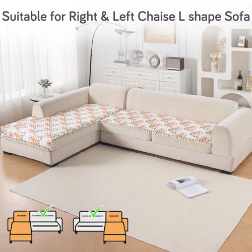 Image of HOKIPO Painterly Floral L Shape (2+2 Seater) Sofa Seat Mat with Tassel| Quilted Sofa Cover Mat, 'Tassel Twigs' Series (IN-983-T8 + IN-984-T8)