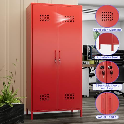 Image of Aobabo Metal Wardrobe Closet with 2 Doors, Metal Wardrobe Cabinet with 4 Adjustable Shelves and 2 Hannging Rods, Storage Locker for Home, Red, Assembly Required