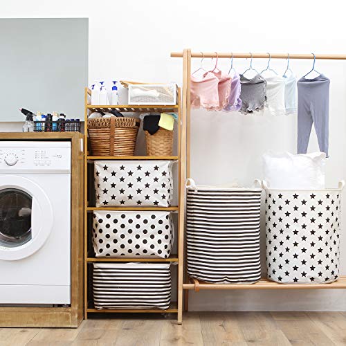Image of Sea Team 19.7 Large Sized Waterproof Coating Ramie Cotton Fabric Folding Laundry Hamper Bucket Cylindric Burlap Canvas Storage Basket Black & White Stripe Design by Sea Team
