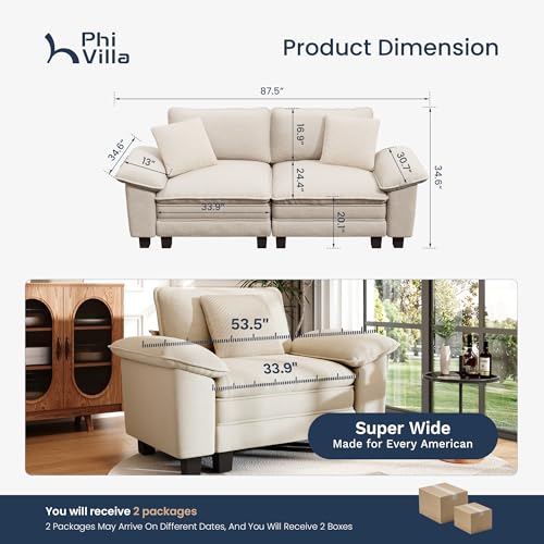 Image of PHI VILLA Indoor Modular Couches Sets, 87.5 inch Sectional Loveseat Sofa with Upholstered Deep Seat, 2-Seater Comfy Couches for Living Room Bedroom, Chenille Fabric, Beige