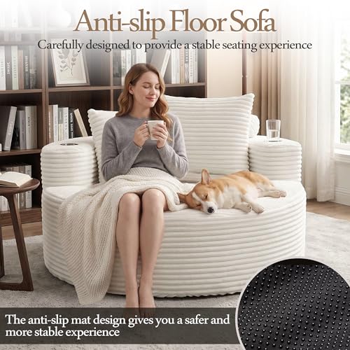 Image of Trustyue Boneless Couch,Comfy Fluffy Sofa Bed,Upholstered Sleeper Sofa with Cup Holder and Throw Pillows,Corduroy Plush Cloud Lounge Chair