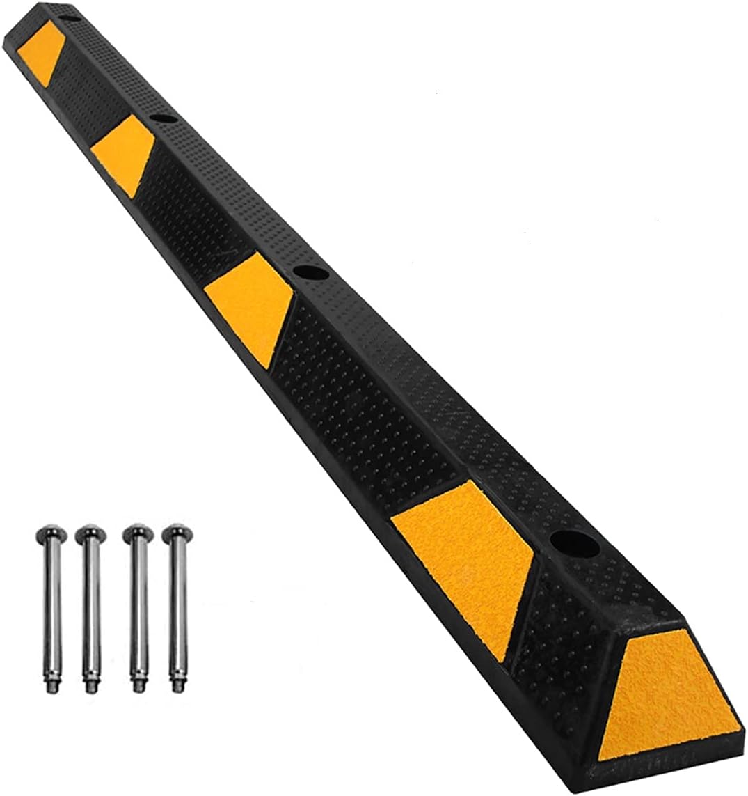 Speedmax Parking Stopper for Garage 72" Long 1 Pack with 4 Installation Bolts High Reflective Yellow Safety Stripes Wheel Stop Stoppers for Car Truck RV and Trailer Stop Aid 1 Pack