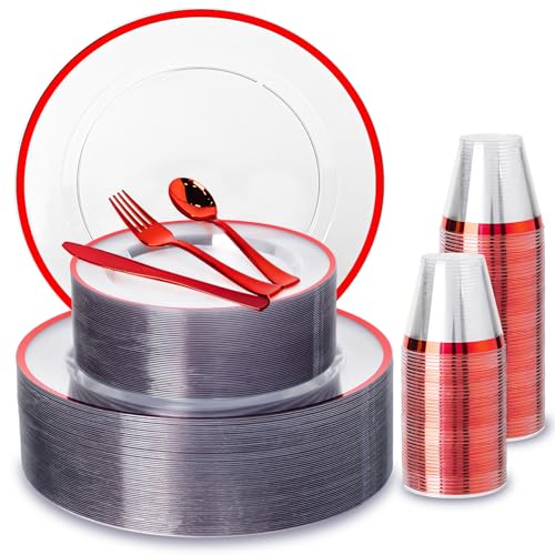 N9R 600PCS Clear and Red Disposable Plates, Heavy Duty Plastic Dinnerware Set for 100 Guests Includes 100 Dinner & Dessert Plates, Cups, Spoons, Forks, and Knives, Perfect for Parties, Weddings