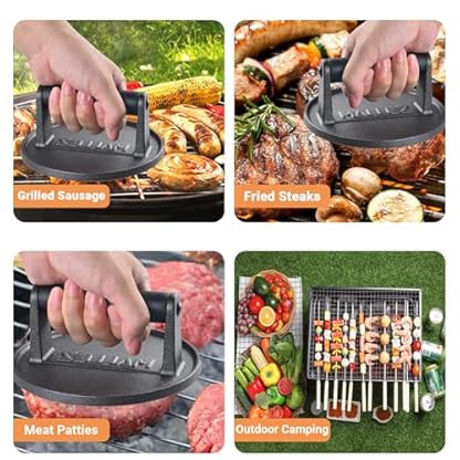 Mallez Burgerpresse aus Gusseisen, 16 cm, rund, robust, mit schwarzem Holzgriff, für Hamburger, Grill, Sandwich, Antihaft-Pfanne, BBQ – Bild 8