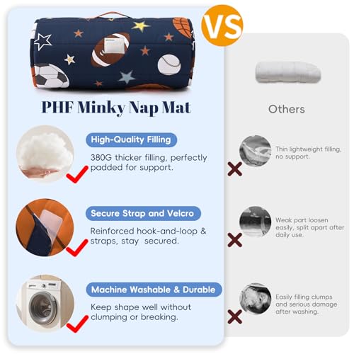 Image of PHF Soft Toddler Nap Mat with Removable Pillow, Rollup Design Kids Sleeping Mat, Slumber Bags for Boys, 55 inchx23 inch Toddler Sleeping Bag for Daycare Preschool Travel Camping, Ball