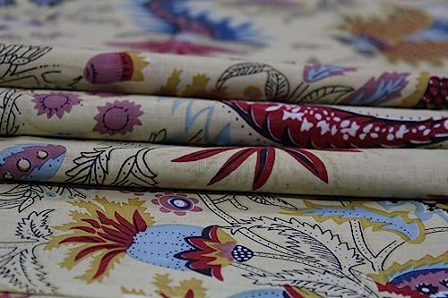 Image of Indian Hand-Block Printed Jaipuri Mukut Floral Print Ethnic Sanganer Kurti Print Cotton Fabric (15 Yards, Beige Mukut)