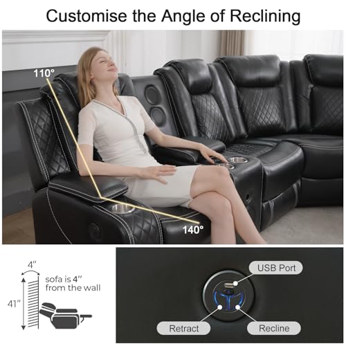 Image of Power Recliner Sectional Sofa for Living Room, Faux Leather Electric Sofa Couches with Bass Speaker, LED Light, USB, Type-C, Wireless Charging, Storage Console, Cup Holder, Reading Light, Black