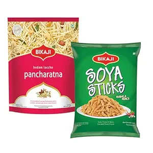 Bikaji Kaju Badam Laccha with Potato Stick 350g & Soya Sticks Chakli 200g – Total 550g (19.40 oz) | Crispy Indian Snack Combo