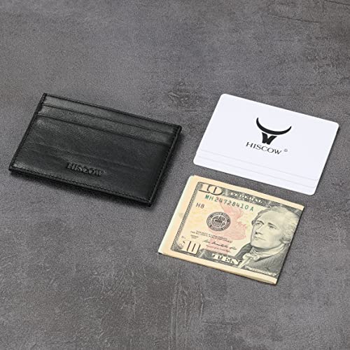 Image of HISCOW Slim Full Grain Leather Card Holder with ID Window, Veg-Tanned Black | Men's minimalist EDC wallet, front pocket carry, 2 credit card slots & center pocket, fits folded bills, premium gift box