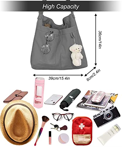 HAN-LBG Canvas Tote Bag with Zip, Women's Hobo Bags with Pockets, Ladies Casual Crossbody Bag Canvas Beach Bags for Daily School Work - Image 3
