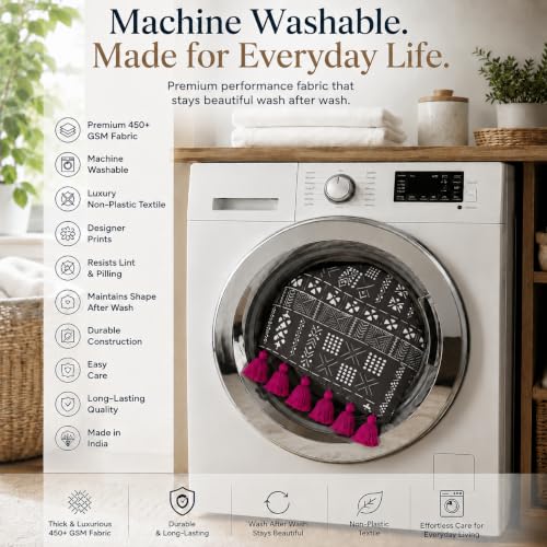 Image of WWW.THROWPILLOW.IN Four Door Fridge Cover 400+L |450 GSM Durable Fridge Top Cover with Tassels|Dustproof Refrigerator Cover in Black Tribal Print |