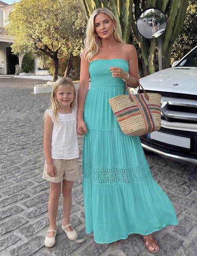 Image of ZESICA Women's 2026 Summer Boho Maxi Dresses Strapless Off Shoulder Lace Flowy A Line Beach Vacation Long Sundress
