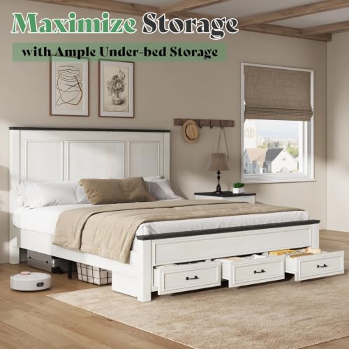 Image of AMERLIFE King Size Farmhouse Bed Frame with 52.2 inch Tall Panel Headboard & Footboard, Storage Platform Bed with Spacious Drawers, No Box Spring Required, Rustic White
