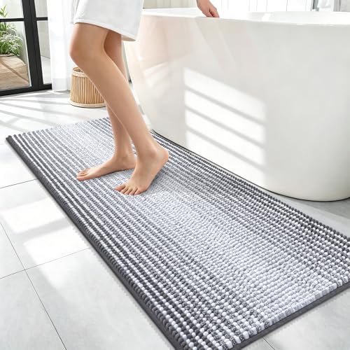 Image of OLANLY Bathroom Runner Rugs 47x17, Extra Soft Absorbent Chenille Striped Bath Rugs, Rubber Backing, Machine Wash Dry, Long Bath Mats for Bathroom, Tub, Shower, Home Decor Accessories, Grey