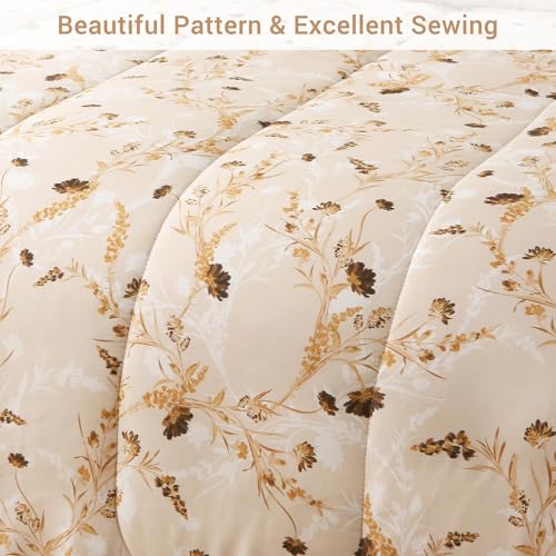 Image of Floral Queen Comforter Set with Sheets, 7 Piece Luxury Vintage Bedding, Soft Microfiber Bed in a Bag, Cozy Lightweight Bed Set, Beige Flower Botanical