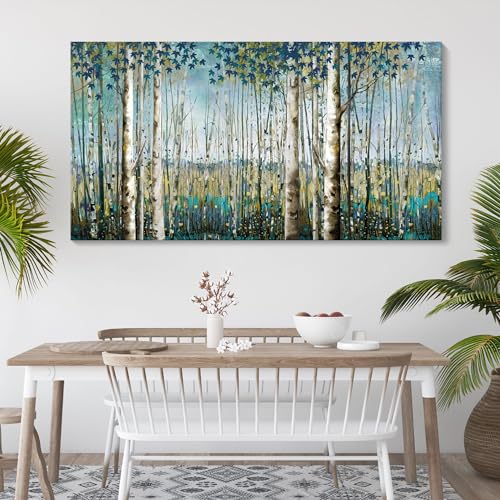 Image of Large Birch Tree Wall Art Framed Forest Landscape Painting - Nature Wall Art for Living Room, Oversized Canvas Pictures for Wall Decor, Green Wall Decor Framed Artwork for Walls 29x58 Inches