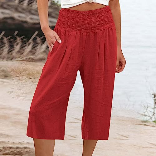 Women's Wide Leg Capri Pants Cotton Linen Smocked High Waist Capris Pants Lightweight Cropped Trousers with Pockets2