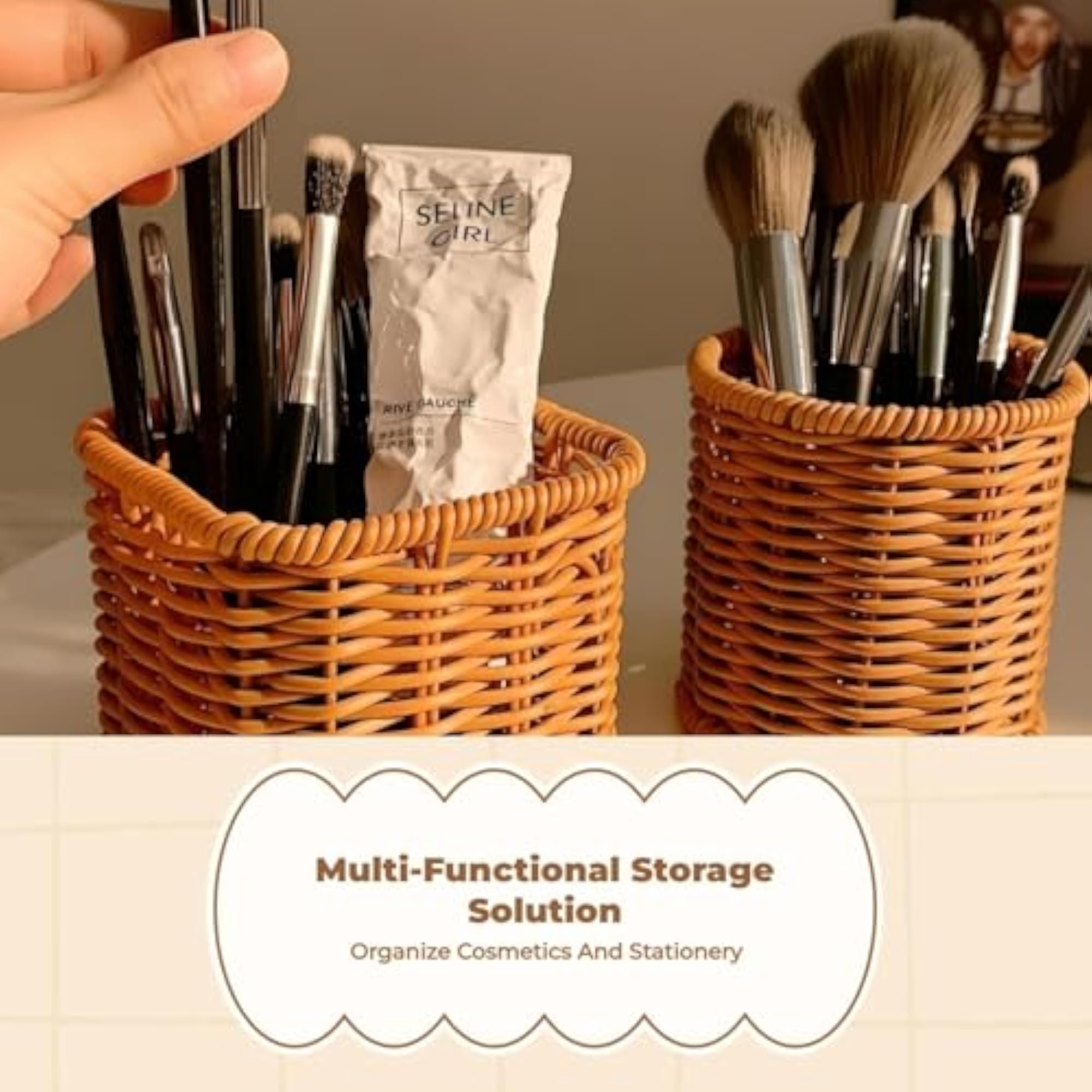 Rattan Makeup Brush Holder, Vintage Organizer