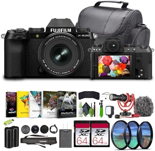 Fujifilm X-S20 Compact Digital Mirrorless Camera with XF 16-50mm F2.8-4.8 R LM WR Lens Kit Bundle 2X 64GB Memory Card+ Vlogging Tripod+ Video LED Light + Rode on Camara Microphone + More