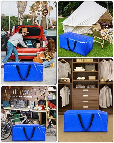 FAOKZE 5 Stück strapazierfähige große Aufbewahrungstasche mit Reißverschlüssen und Etikettentasche,100L strapazierfähige und wasserdichte Umzugstaschen blau für Umzug,Reisen,Camping, Gartengeräte