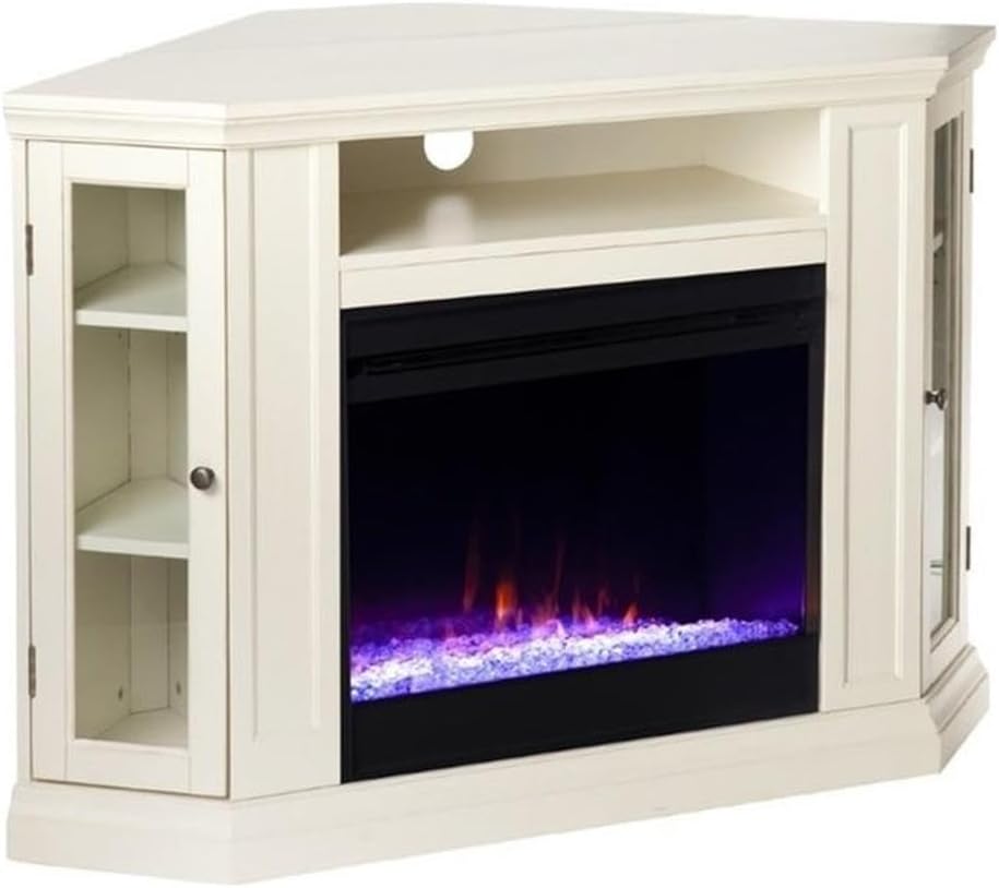 Bowery Hill Contemporary Electric Fireplace, Ivory Finish, Color Changing Flames, Corner Convertible TV Stand with Media Storage Cabinets, Poplar Wood and Glass, Fits 50" TVs, Supplemental Heat for