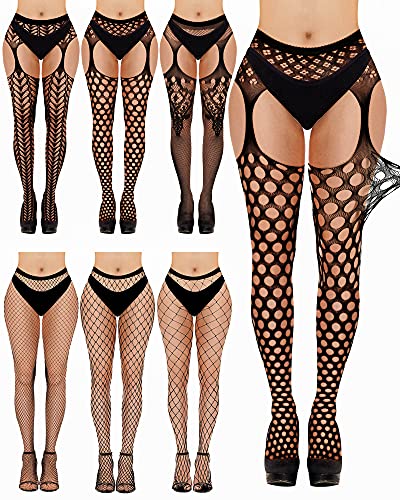 6 Pairs Women Fishnet Stockings Thigh High Stockings Garter Stockings Suspender Pantyhose Stocking Women Lingerie for Valentine's Day