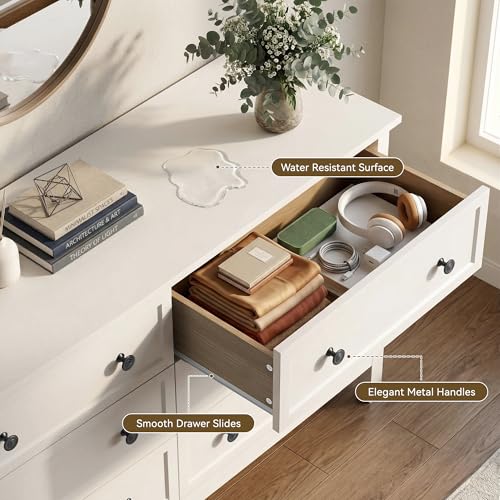 Image of LYNSOM White Dresser for Bedroom, 6 Drawer Dresser with Wide Drawer and Metal Handles, Wood Dressers & Chests of Drawers for Hallway, Entryway