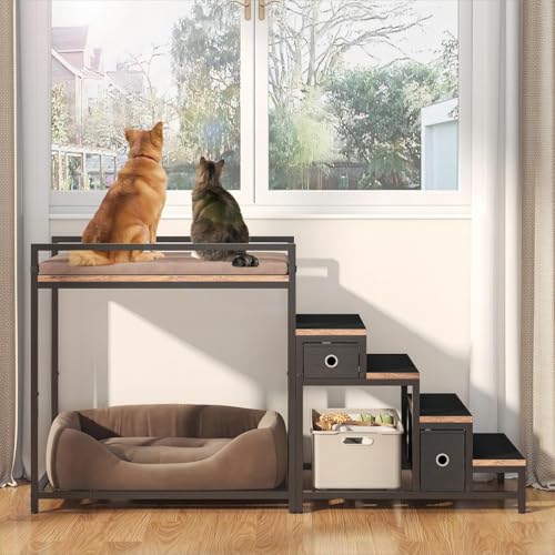 Saudism Pet Bunk Bed with Removable Stairs and 2 Drawers, Dogs/Cats Window Perch, Dog Window Seat...